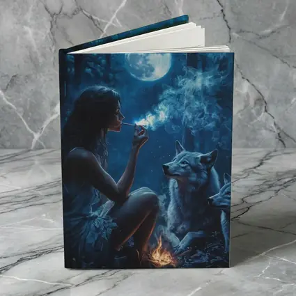 Woman With Wolves Moonlit Dark Forest