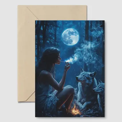 Woman With Wolves Moonlit Dark Forest