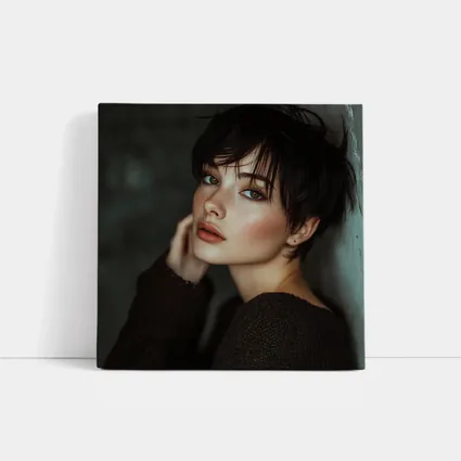 Dark Hair Woman Portrait Moody Gray Background