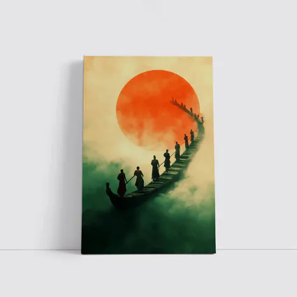 Samurai Warriors Crossing Misty Bridge Red Sun