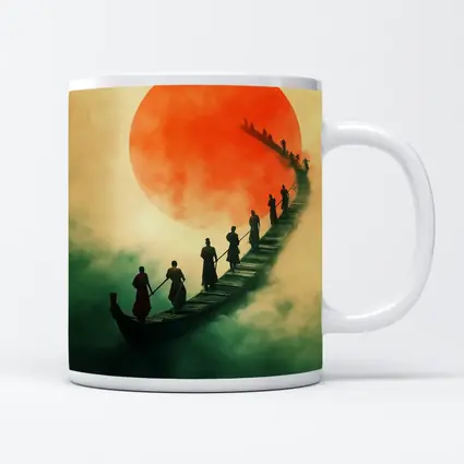 Samurai Warriors Crossing Misty Bridge Red Sun