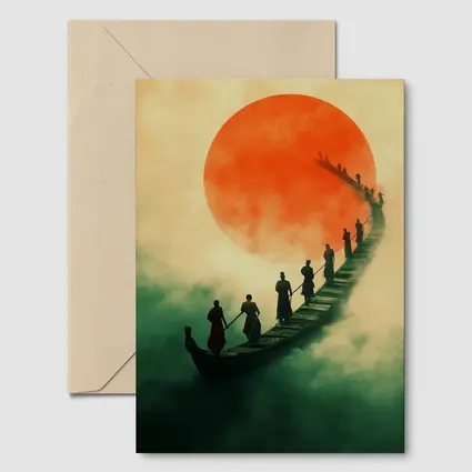 Samurai Warriors Crossing Misty Bridge Red Sun