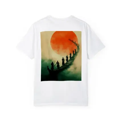 Samurai Warriors Crossing Misty Bridge Red Sun