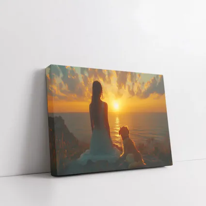 Woman and Dog Watching Ocean Sunset