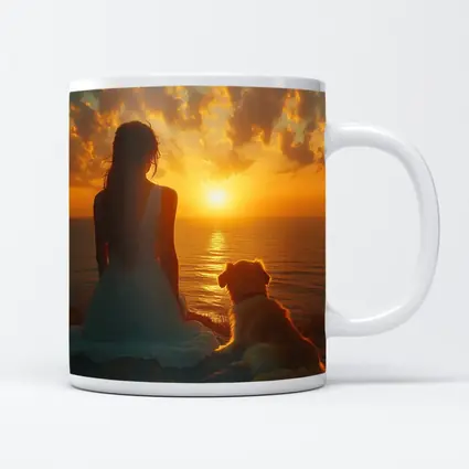Woman and Dog Watching Ocean Sunset