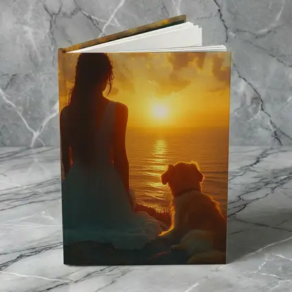 Woman and Dog Watching Ocean Sunset