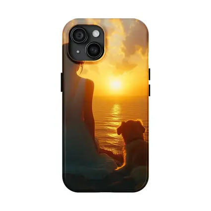 Woman and Dog Watching Ocean Sunset