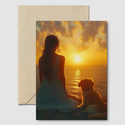 Woman and Dog Watching Ocean Sunset