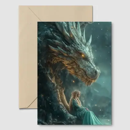Fantasy Woman Sitting With Ancient Dragon