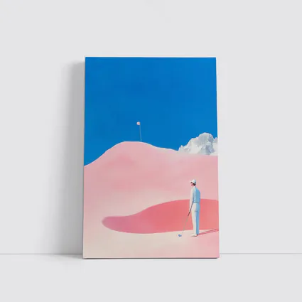 Golfer Pink Dunes Surreal Blue Sky