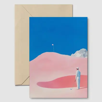 Golfer Pink Dunes Surreal Blue Sky