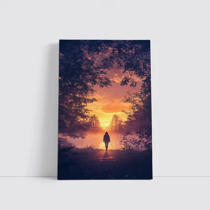 Woman Silhouette Walking Toward Golden Sunset Forest