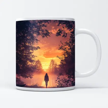 Woman Silhouette Walking Toward Golden Sunset Forest