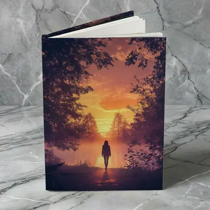 Woman Silhouette Walking Toward Golden Sunset Forest
