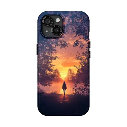 Woman Silhouette Walking Toward Golden Sunset Forest
