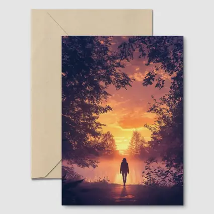 Woman Silhouette Walking Toward Golden Sunset Forest