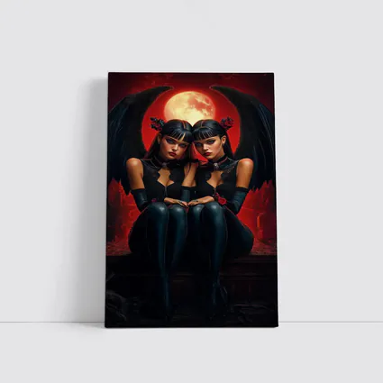Twin Demon Girls Red Moon Dark Fantasy