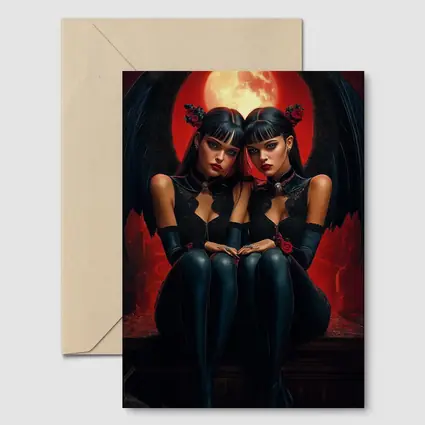 Twin Demon Girls Red Moon Dark Fantasy