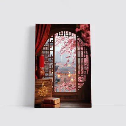 Chinese Window Cherry Blossoms Ancient City View