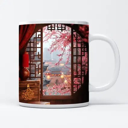 Chinese Window Cherry Blossoms Ancient City View