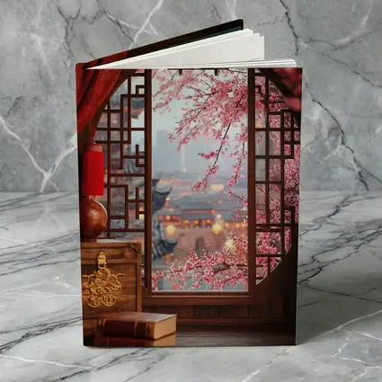 Chinese Window Cherry Blossoms Ancient City View