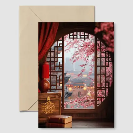 Chinese Window Cherry Blossoms Ancient City View