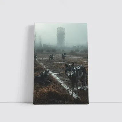 Wolf Pack Roaming Misty Abandoned Industrial Ruins