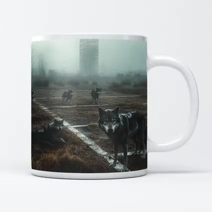 Wolf Pack Roaming Misty Abandoned Industrial Ruins
