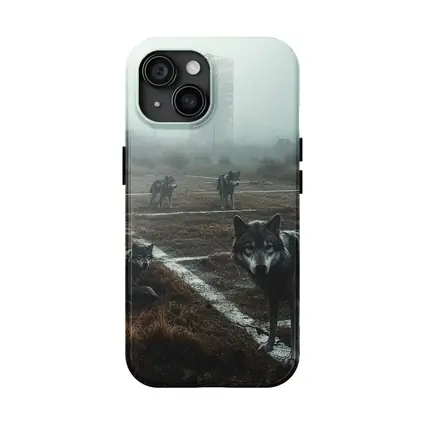 Wolf Pack Roaming Misty Abandoned Industrial Ruins