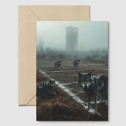 Wolf Pack Roaming Misty Abandoned Industrial Ruins