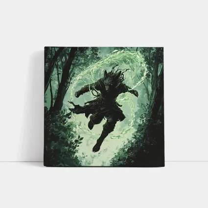 Wolf Warrior Leaping In Mystical Forest