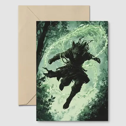 Wolf Warrior Leaping In Mystical Forest