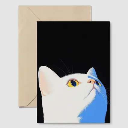 White Cat Yellow Eyes Black Background Art