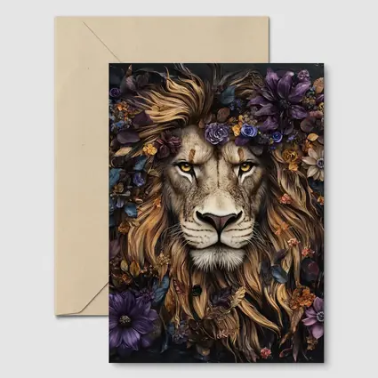 Lion Portrait Dark Floral Botanical Art