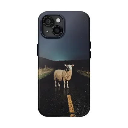 Sheep Standing on Road at Night