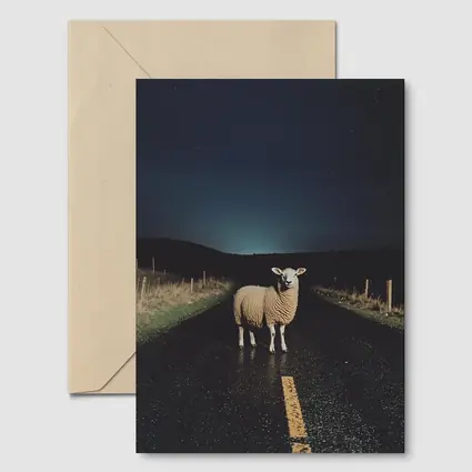 Sheep Standing on Road at Night