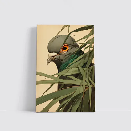 Pigeon Portrait Peering Through Green Leaves
