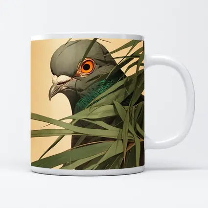 Pigeon Portrait Peering Through Green Leaves