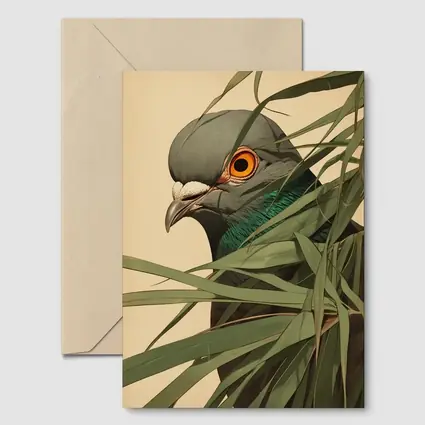 Pigeon Portrait Peering Through Green Leaves