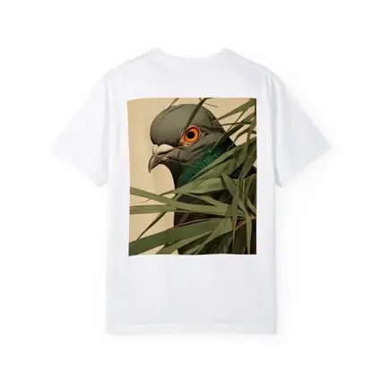 Pigeon Portrait Peering Through Green Leaves