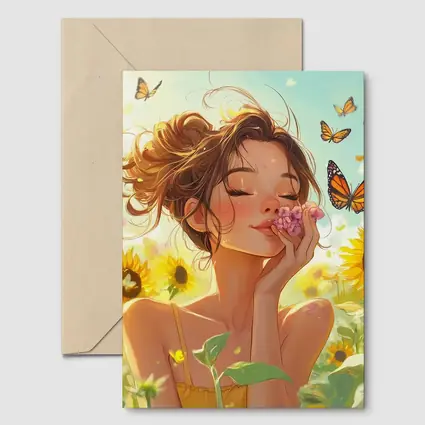 Anime Girl Smelling Flowers Sunflower Field