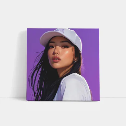 Asian Woman White Cap Purple Background Art