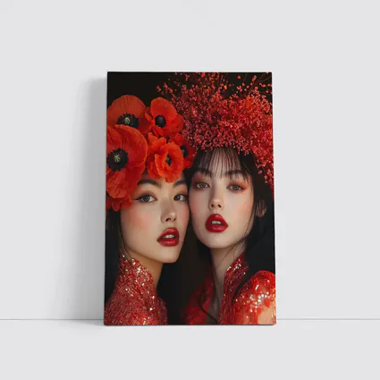 Two Women Red Poppies Floral Fashion Portrait