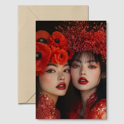Two Women Red Poppies Floral Fashion Portrait