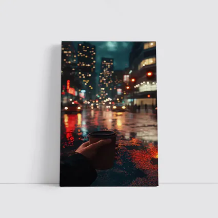 Hand Holding Coffee Cup Rainy City Night