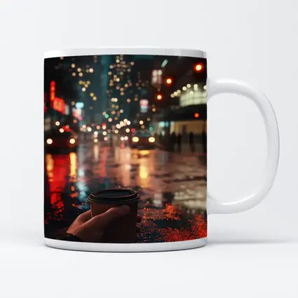 Hand Holding Coffee Cup Rainy City Night