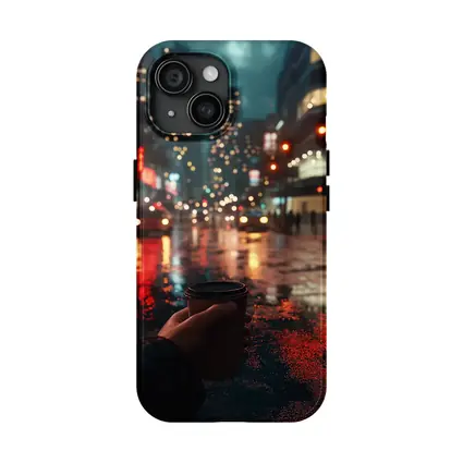 Hand Holding Coffee Cup Rainy City Night