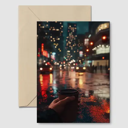 Hand Holding Coffee Cup Rainy City Night