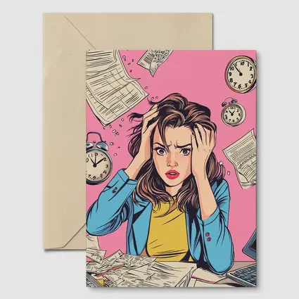 Stressed Woman Pop Art Pink Background
