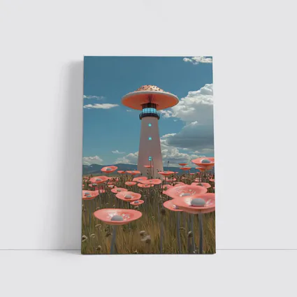 Surreal Mushroom Lighthouse Pink Flowers Field